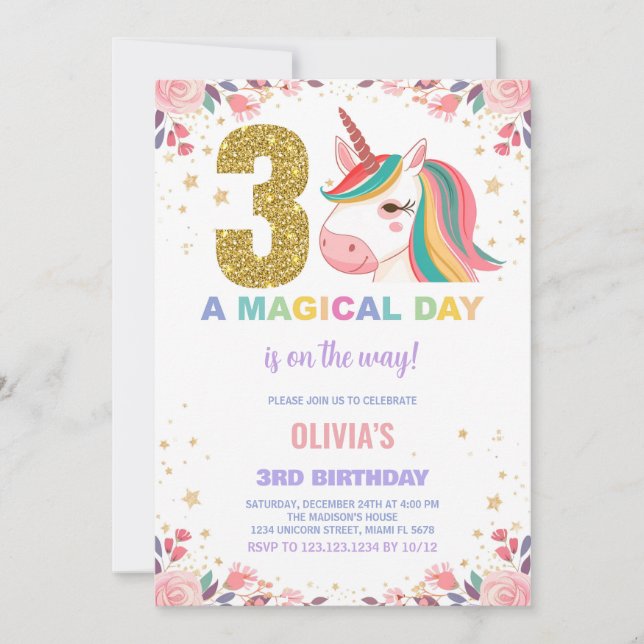 3e anniversaire Unicorn Anniversaire Invitations (Devant)