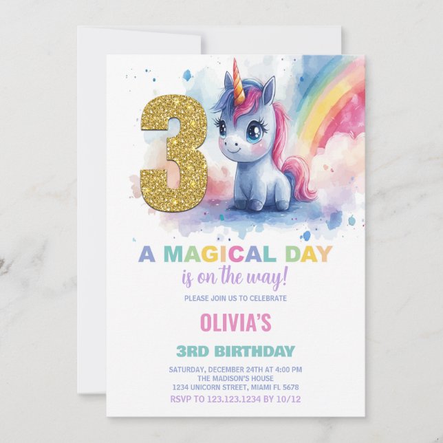 3e anniversaire Unicorn Anniversaire Invitations (Devant)