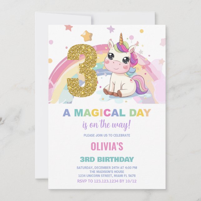 3e anniversaire Unicorn Anniversaire Invitations (Devant)