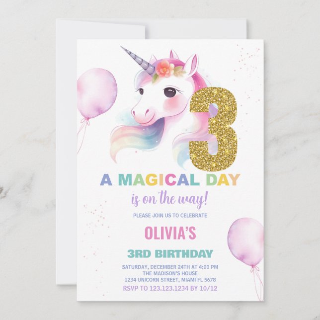 3e anniversaire Unicorn Anniversaire Invitations (Devant)