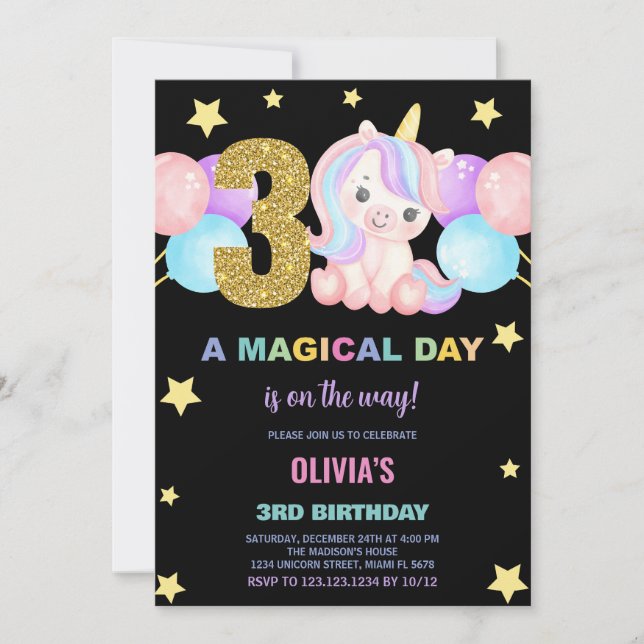3e anniversaire Unicorn Anniversaire Invitations (Devant)