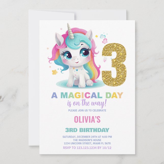 3e anniversaire Unicorn Anniversaire Invitations (Devant)
