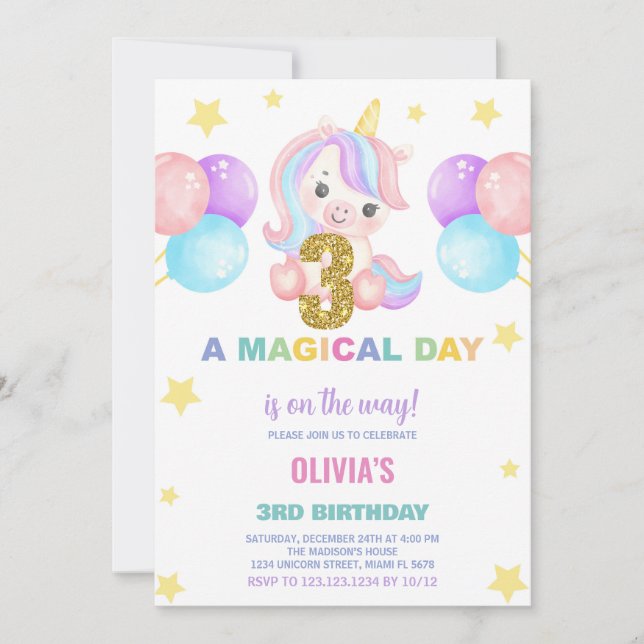 3e anniversaire Unicorn Anniversaire Invitations (Devant)