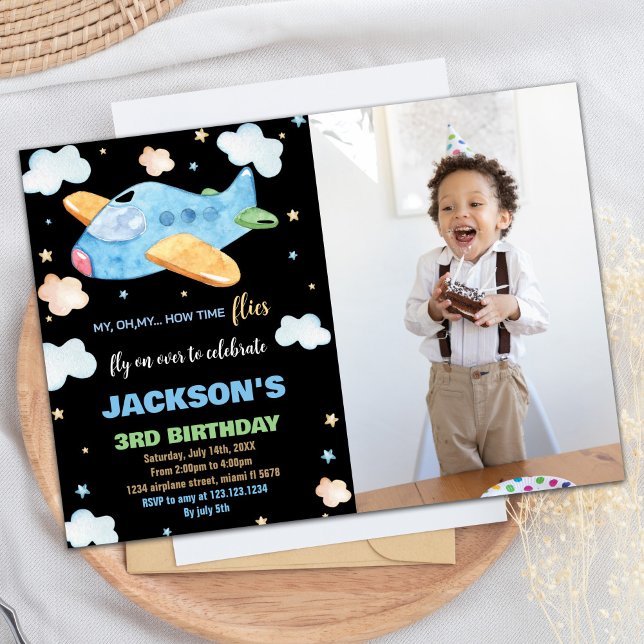 3E avion Invitations d'anniversaire Bleu Black Pho (3RD Airplane Birthday Invitations Blue Black Photo)