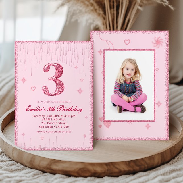 3e Invitation Anniversaire avec Paillettes Rose (Créateur téléchargé)