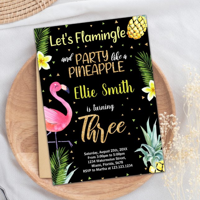 3e Invitations d'ananas à Flamant rose de Parties  (3rd Black Glitter Flamingo Pineapple Invitations)