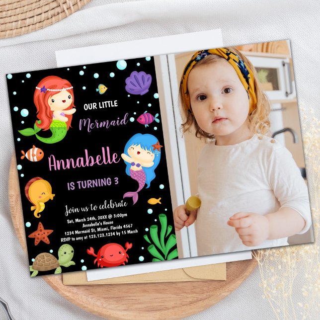 3e Sirènes noires Invitations d'anniversaire avec  (3rd Black Mermaids Birthday Invitations With photo)
