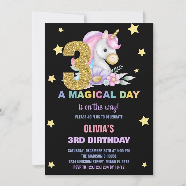 3e Unicorne florale Invitations d'anniversaire (Devant)