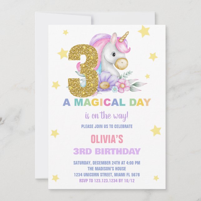3e Unicorne florale Invitations d'anniversaire (Devant)