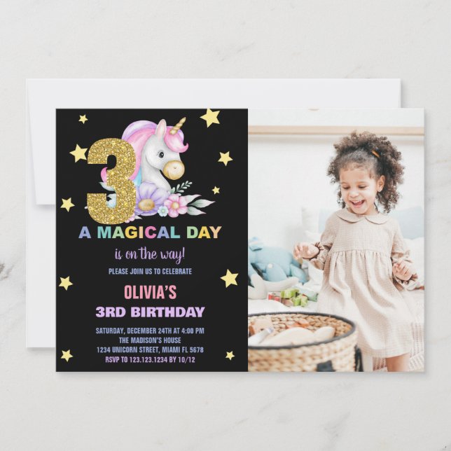 3e Unicorne florale Invitations d'anniversaire ave (Devant)