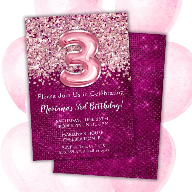 3ème anniversaire Invitation Girly Magenta Parties (Créateur téléchargé)