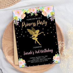 3ème Black Floral Princess Invitation Anniversaire