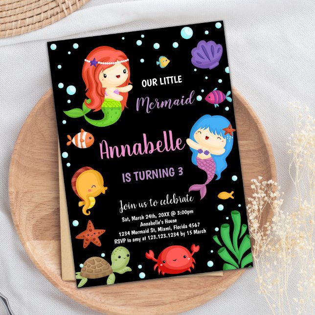 3ème Black Mermaids Invitations d'anniversaire (3rd Black Mermaids Birthday Invitations)