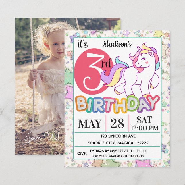 3ème invitation de fête d'anniversaire de licorne (Devant / Derrière)