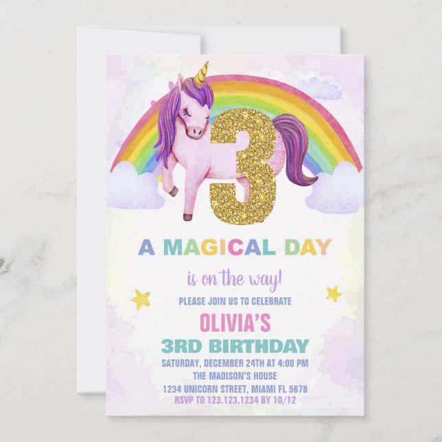 3ème Rainbow Unicorn Anniversaire Invitations Clou (Devant)
