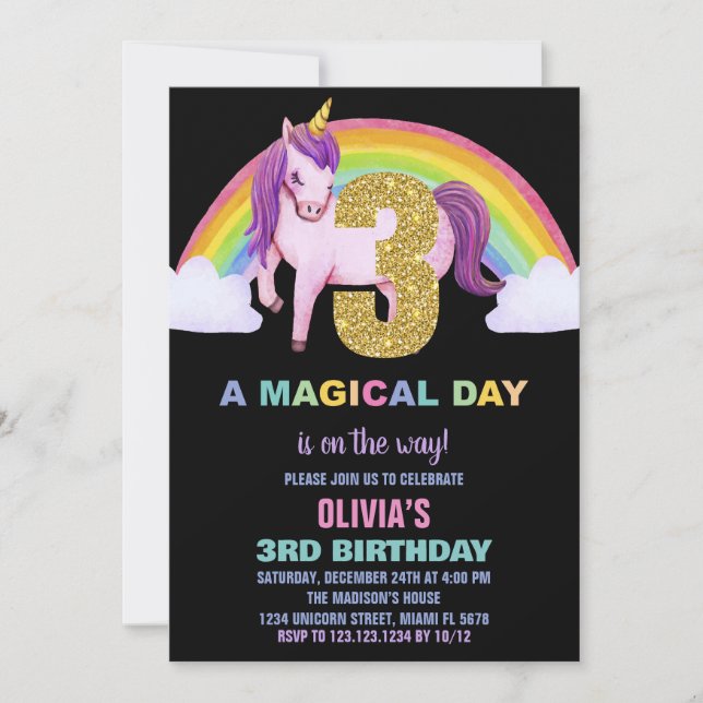 3ème Rainbow Unicorn Birthday Invitations Parties  (Devant)
