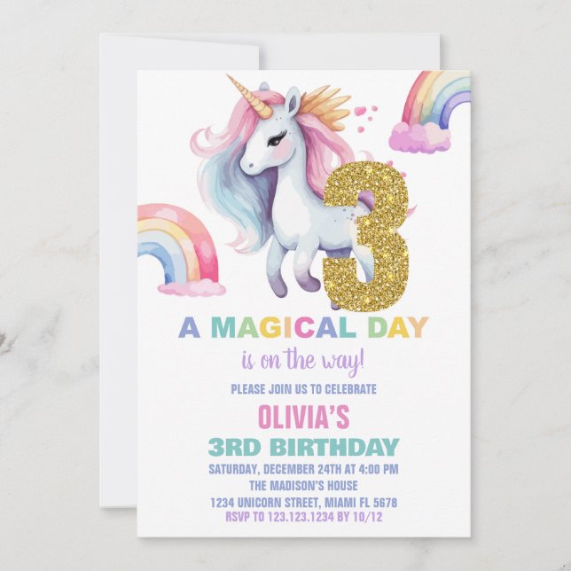 3ème Rainbow Unicorn Birthday Invitations Parties  (Devant)