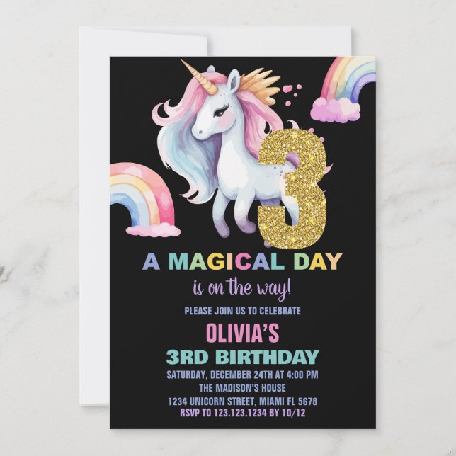 3ème Rainbow Unicorn Birthday Invitations watercol (Devant)