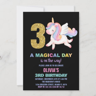 3ème Rainbow Unicorn Invitations Anniversaire Noir