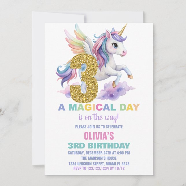 3ème Rainbow Unicorn Invitations Anniversaire Vol (Devant)