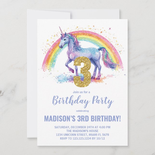 3ème Rainbow Unicorn Invitations d'anniversaire (Devant)