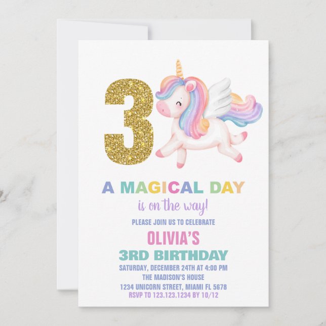 3ème Rainbow Unicorn Invitations d'anniversaire (Devant)