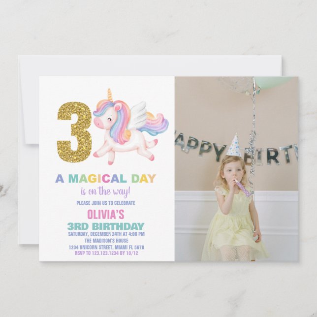 3ème Rainbow Unicorn Invitations d'anniversaire av (Devant)
