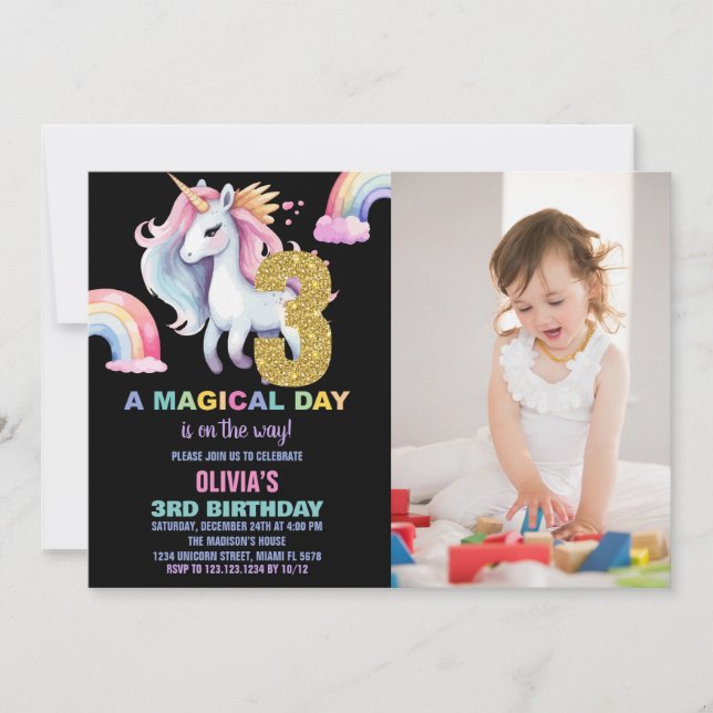 3ème Rainbow Unicorn Invitations d'anniversaire av (Devant)