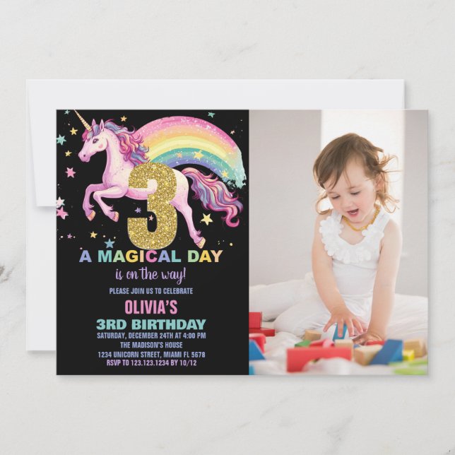 3ème Unicorn Anniversaire Invitations Black w phot (Devant)