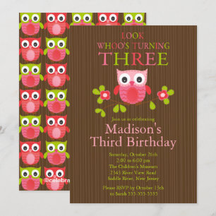 3èmes invitations de fête d'anniversaire de hibou