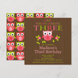 3èmes invitations de fête d'anniversaire de hibou