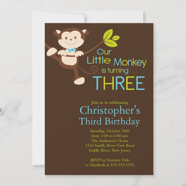 3èmes invitations de fête d'anniversaire de singe (Devant)