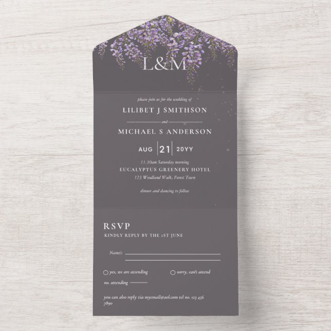 3in1 Wisteria Floral Wedding Invitation RSVP (À l'intérieur)