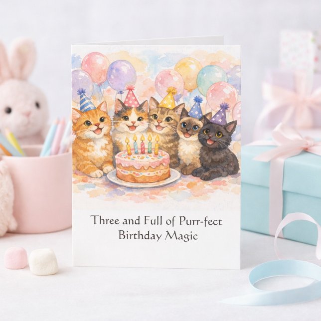 3rd Birthday Card for Girls Cute Watercolor Cat  (Girls 3rd birthday cat card,  festive party magic for age three. Template card )