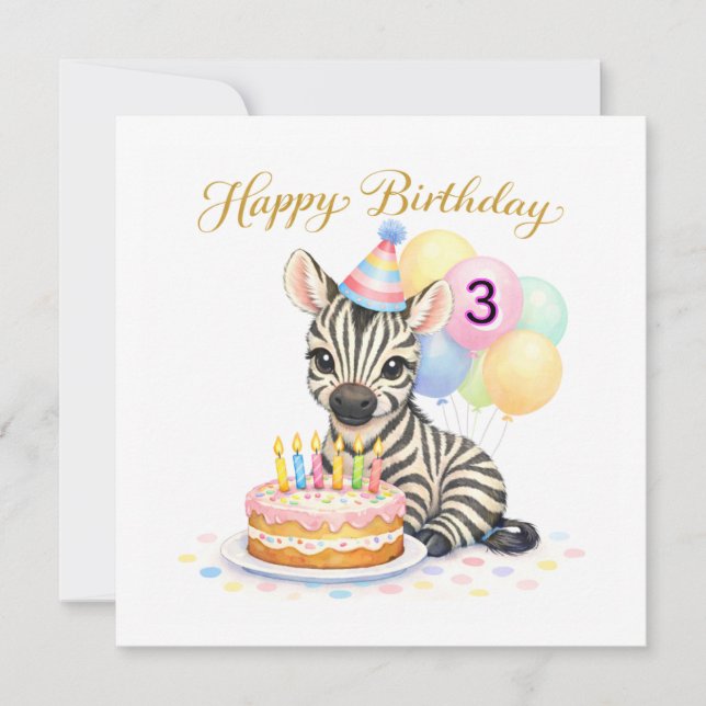 3rd Birthday For Girls - Cute Zebra Greeting Card (Devant)