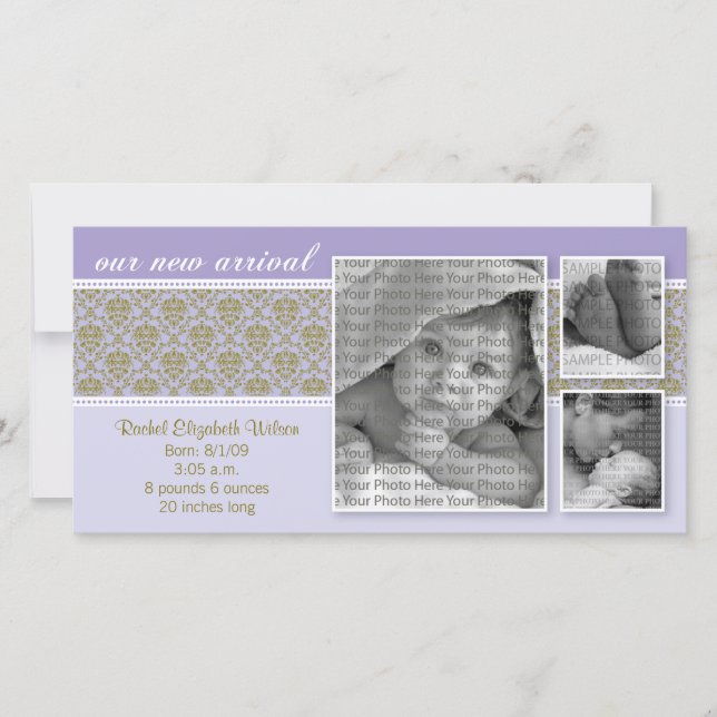 3x4 violet baroque 3Photo Faire-part de naissance (Devant)
