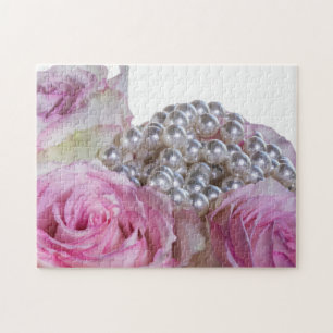 4008-Roses blanches et roses avec perles et puzzle