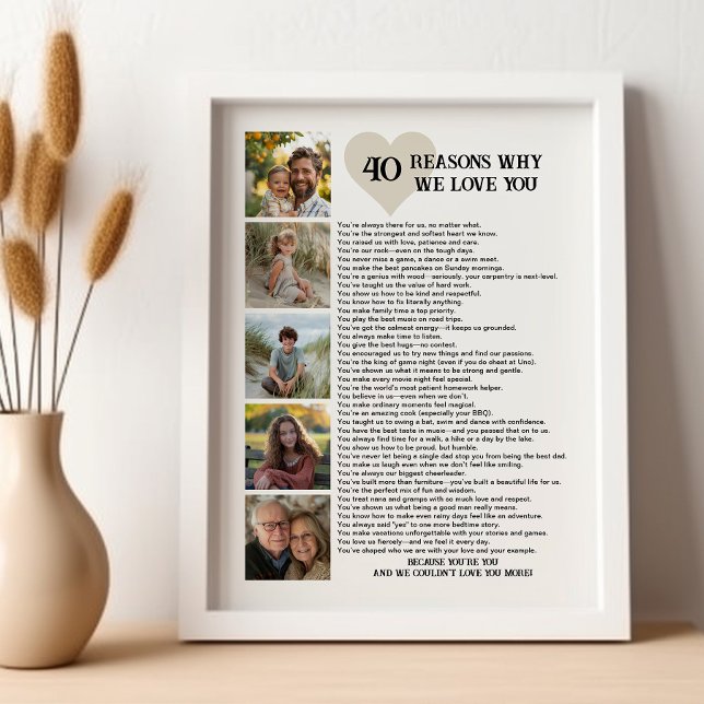 40 Raisons pour lesquelles nous t'aimons Affiche p (Sentimental printable photo poster for 40th birthday, father's day or other special )