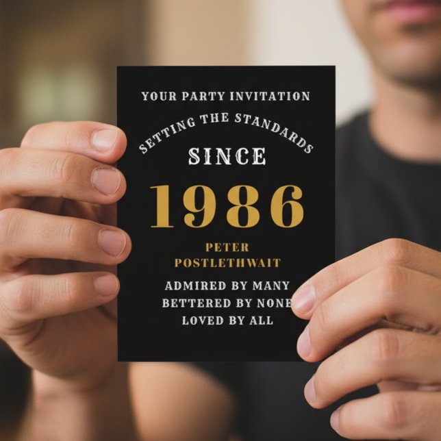 40e anniversaire 1986 Black Gold Invitation (Postcard party invitation held in two hands)