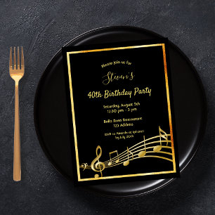 40e anniversaire Black gold music notes invitation