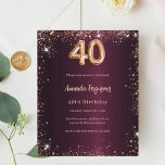 40e anniversaire burgundy rose or invitation<br><div class="desc">Pour un 40ème anniversaire élégant. Une couleur arrière - plan dégradé bordeaux. Décoré avec de la poussière de parties scintillant en faux or rose. Personnalisez et ajoutez un nom et des détails du parti. Le nom est écrit avec un script de style écrit à la main. 1 feuille = 1...</div>