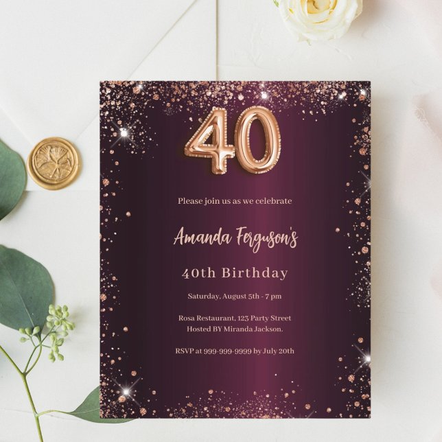 40e anniversaire burgundy rose or invitation (Créateur téléchargé)