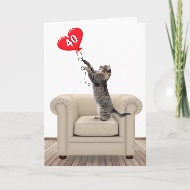 40e Anniversaire Chat Avec Carte Balloon Coeur (Devant)