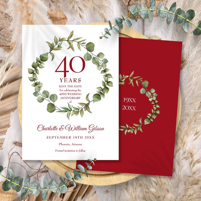 40e anniversaire de mariage rubis : carte de sauve (40th Ruby Anniversary Save the Date Greenery Invitation)