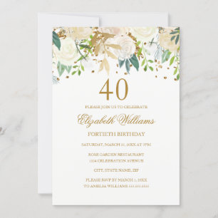 40e anniversaire Elégant or Floral Invitation
