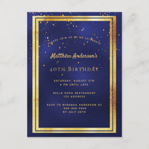 40e anniversaire fête bleu or brillant invitation