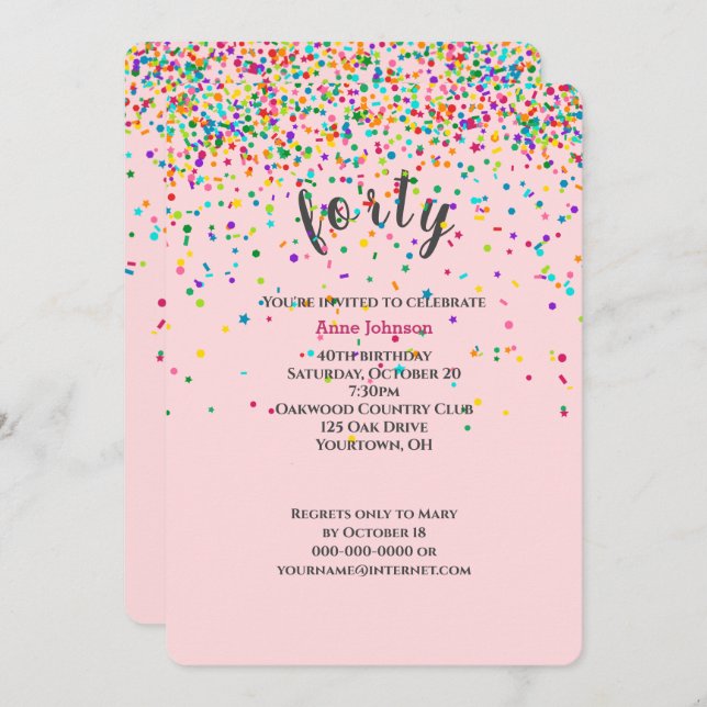 40e Anniversaire Fête confetti Invitation (Devant / Derrière)