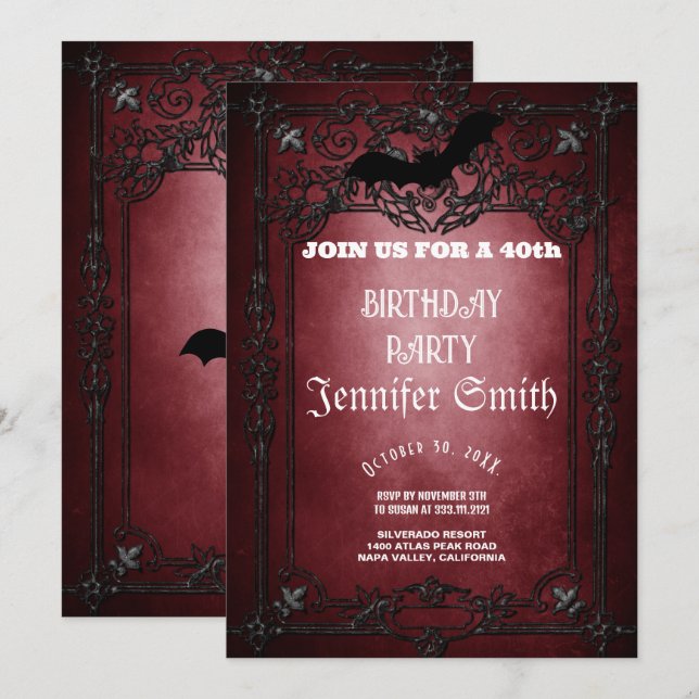 40e anniversaire fête gothique rouge Invitation (Devant / Derrière)