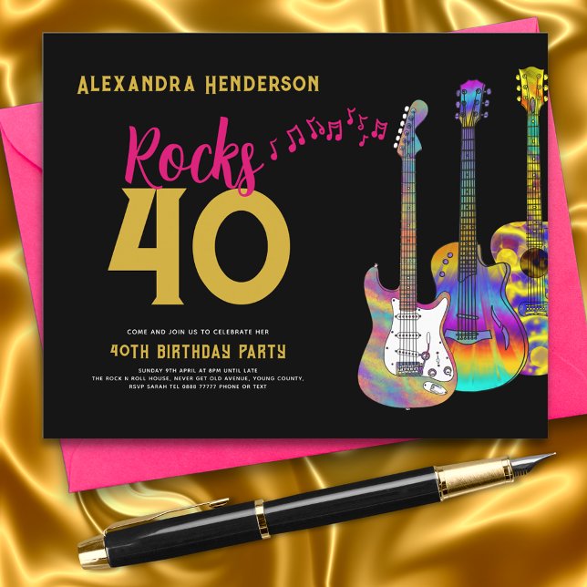 40e anniversaire fêtes rochers 40 budget (Rock and roll pink black and gold 40th birthday party budget invitation )
