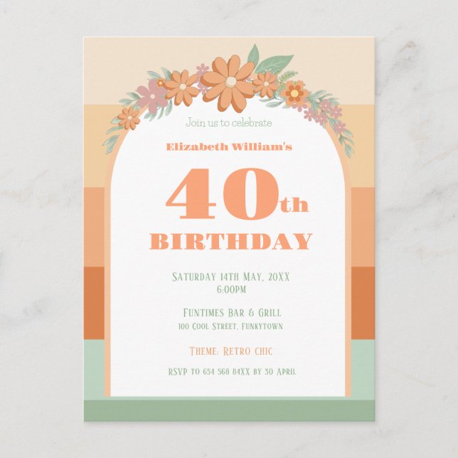 40e anniversaire fleurs rétro invitation (Devant)